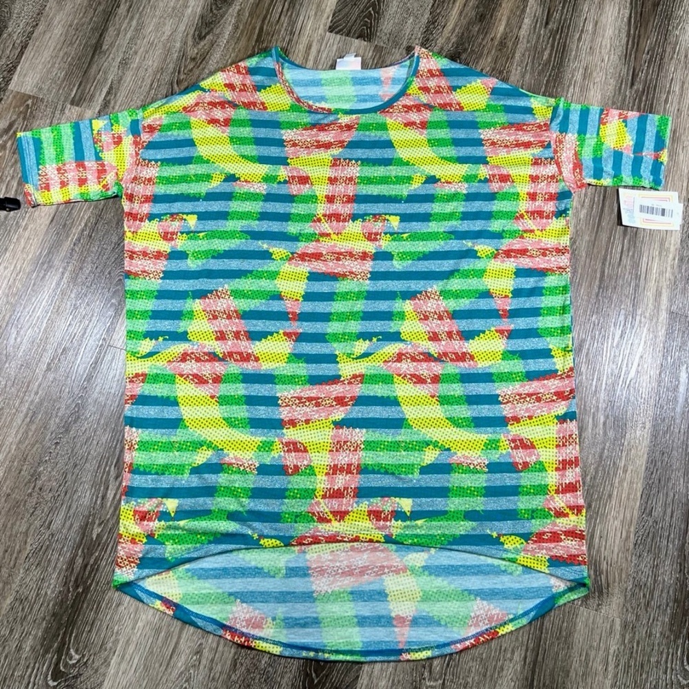 Lularoe Irma Tunic M‎ Teal/Green/Yellow striped & geometric Hi-Lo NEW